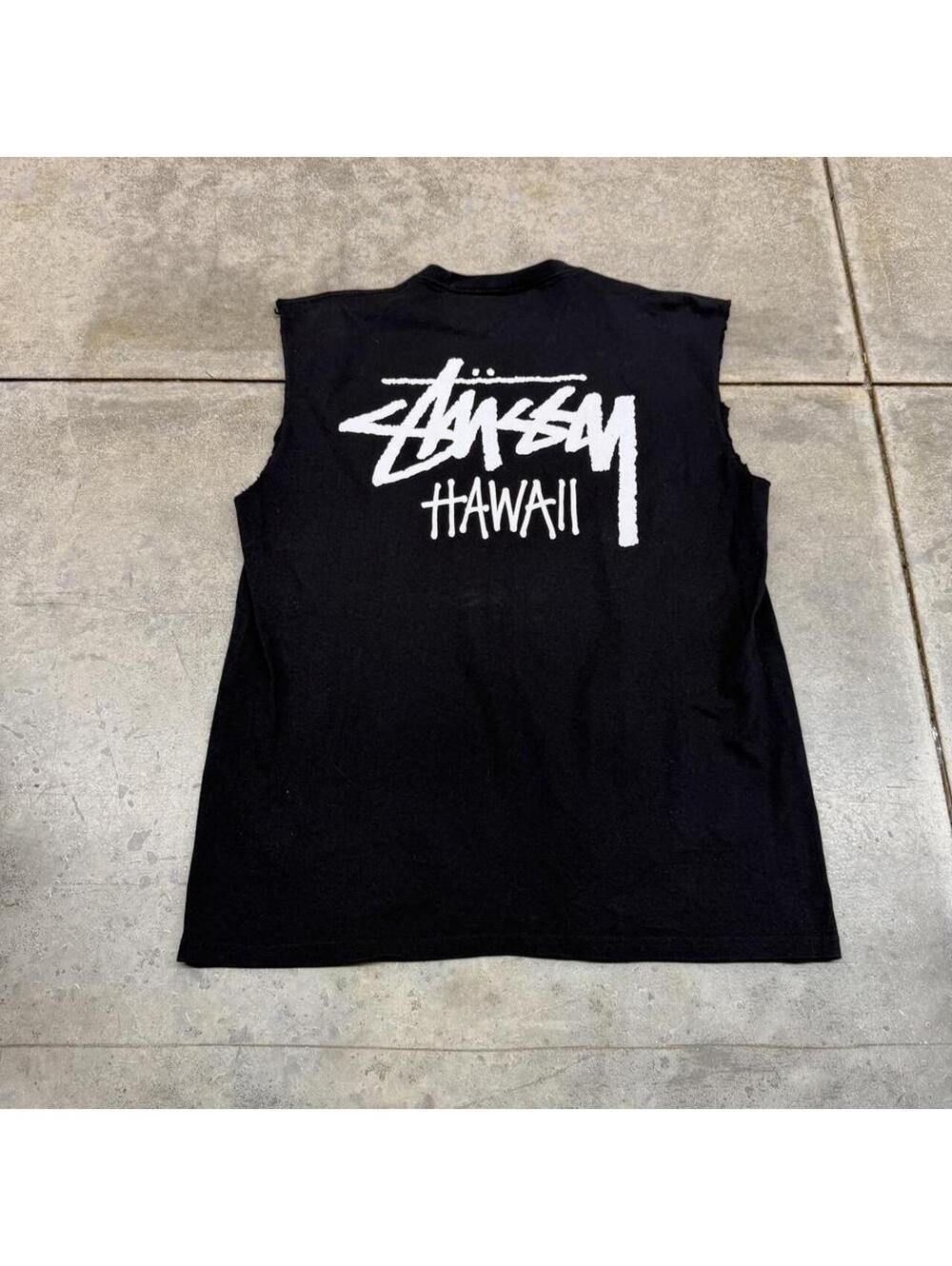 vintage stussy hawaii black cut off tank top size large